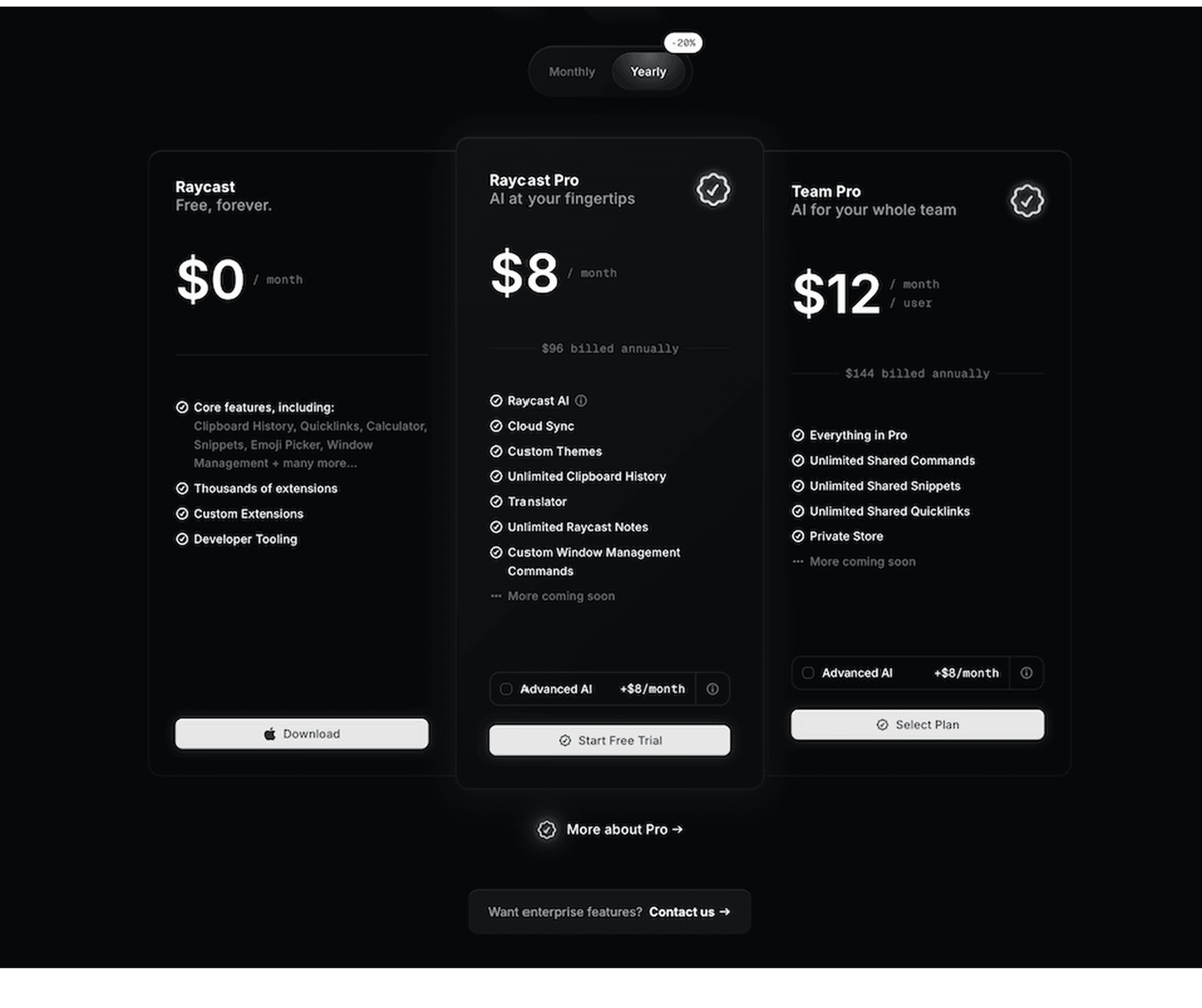 Pricing section example from Raycast